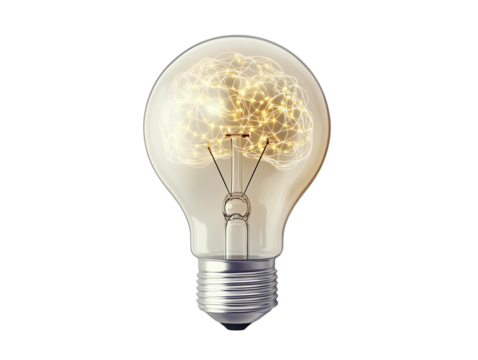 Brain inside lightbulb icon, isolated on white background, vector, minimalistic PNG transparent.