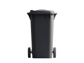 Black trash bin with wheels and lid isolated on white background. PNG transparent.