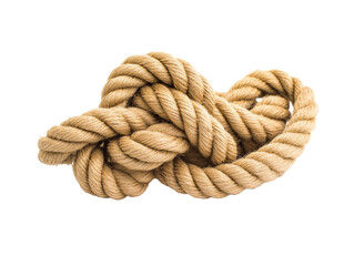 Obraz premium Rope tied in a knot with frayed ends, isolated on white background. PNG transparent.