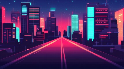 Neon Dreams, vibrant cyberpunk cityscape, illuminated by neon lights, featuring sleek futuristic architecture, flat design style, showcasing a lively urban atmosphere