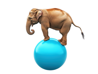 Elephant balancing on a blue ball on a white background. PNG transparent.