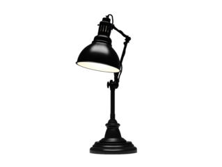 Black desk lamp switched on, isolated on a white background. PNG transparent.