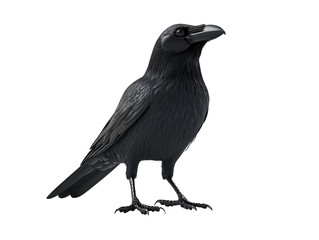 Black crow standing on a white background. PNG transparent.