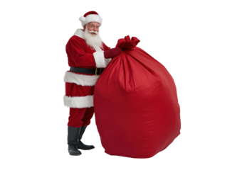 Santa Claus pulling a large red sack on a white background. PNG transparent.