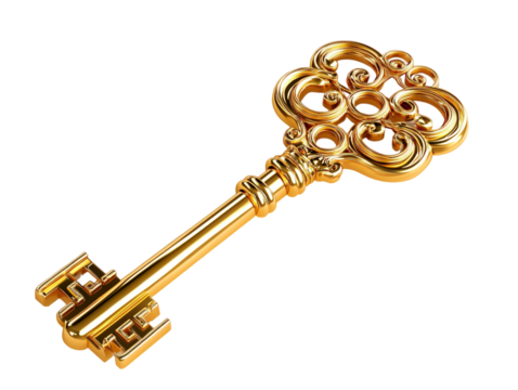 Ornate gold key on a white background. PNG transparent.