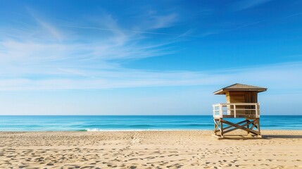 Coastal Lifeguard Tower Overlooking Serene Beach, a tall structure standing against the horizon, providing safety and watchful eyes over sunbathers and swimmers below