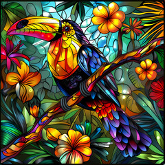 A vector-style image of a yellow-breasted toucan bird tail, tropical flowers, bird feathers, and an abstract expressionism surrealism apophysis paisley pattern.