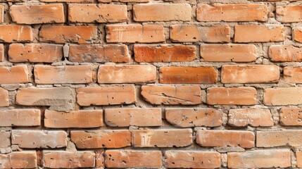 Obraz premium Rustic Brick Wall Texture, weathered red bricks with uneven mortar, showcasing an industrial and raw aesthetic, perfect for adding depth to any design project.
