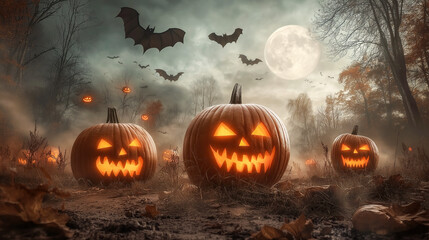 Halloween background with pumpkin. Spooky Halloween pumpkins and bats in the forest at night.
