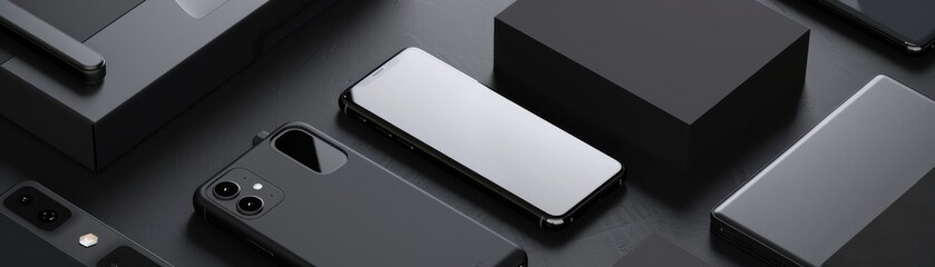 A sleek arrangement of modern black electronic devices and accessories on a dark surface, showcasing minimalist design and high-tech aesthetics.