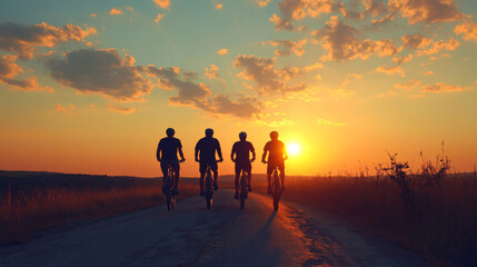 Fototapeta premium Four people are riding bikes on a road at sunset