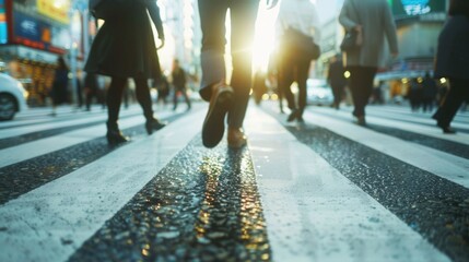 A group of people walking across the street, with blurred background