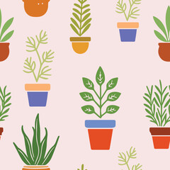 Seamless pattern with green plants in funny pots