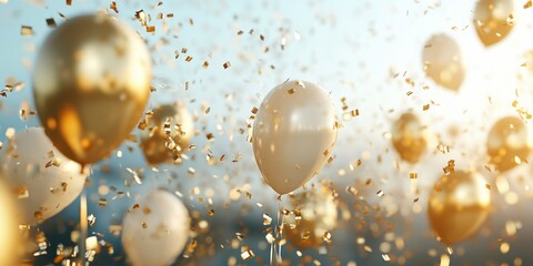 Vibrant Celebration Background: Colorful Confetti and Golden Balloons for Festive Occasions. Abstract Design for New Year, National Day, Birthday Parties, and Event Marketing. Elegant Minimal Template