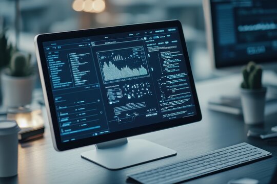 A computer monitor displaying data analysis software with graphs, charts, and code, set in a contemporary workspace with soft lighting.