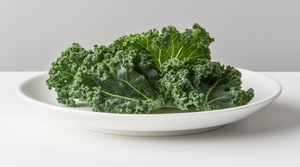 Kale leaves on a white plate contrast beautifully against a gray background, enhancing their vibrant hues.