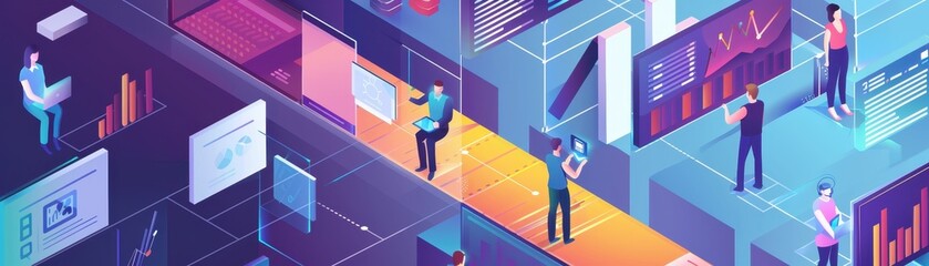 Abstract illustration of people interacting with digital interfaces and data visualizations in a futuristic office environment.
