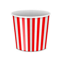 Striped red and white paper popcorn bucket. Isolated 3d mockup. Pop corn round paperboard container. Realistic mock-up. Fast food serving tub. Vector template