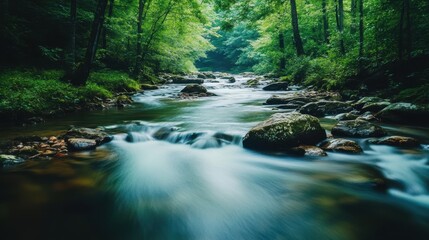 Serene Forest Stream with Silky Water and Lush Greenery