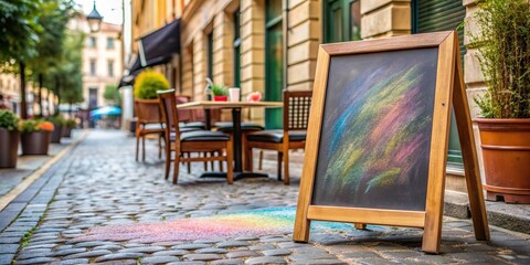 Empty chalkboard with colorful chalk dust on the sidewalk outside a cafe, Creative, Outdoor, Cafe, Sign, Marketing, Decor, Empty, Fresh, Drawing, Art, Colorful,Sidewalk, Urban Scene