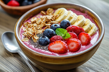 A colorful smoothie bowl topped with fresh fruits, nuts, and seeds.