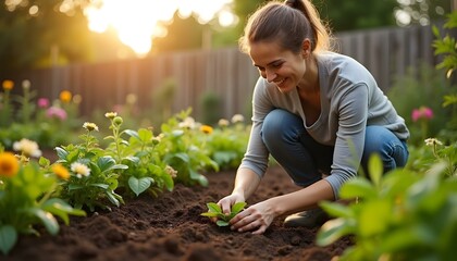 Serene Gardening Moment with Flowers and Vegetables in Rich Soil