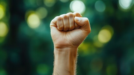 Close-up of a raised clenched fist against a blurred green background, representing strength, unity, and determination.