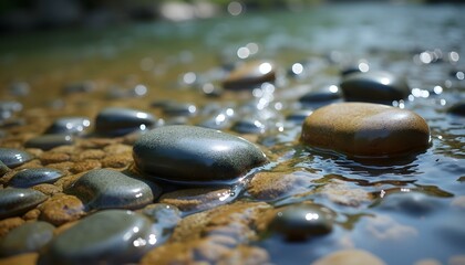 Smooth Pebbles Under Clear Stream Water with Light Refraction