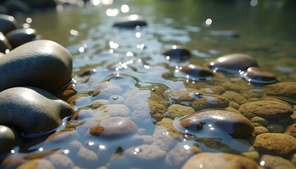 Underwater Pebbles in Stream: Soft Light and Gentle Water Motion