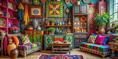 Fototapeta premium Bohemian Eclectic Repository: Vibrant colors, eclectic patterns, unique storage pieces, whimsical and inspiring.