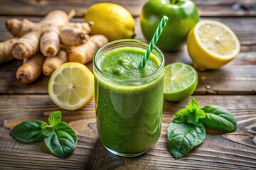 A refreshing green power smoothie with a hint of lemon and ginger, packed with healthy antioxidants and nutrients, healthful., superfood, organic, detox, tasty, vitamins, energy, fresh