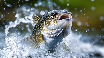 Obraz premium Powerful Fish Jumping Out of Icy Cold River or Ocean with Splashing Water