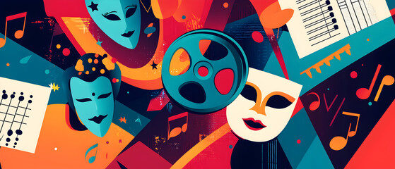 A flat vector illustration of an entertainment background, showcasing movie reels, theater masks, and music notes. Vibrant colors, sleek and minimal design, energetic and fun vibe