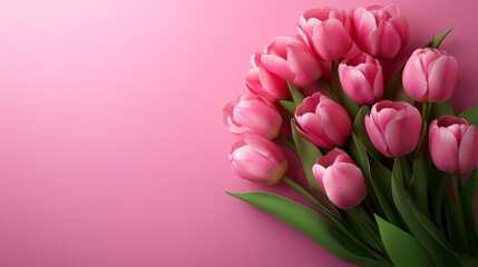 Obraz premium A bouquet of pink tulips is arranged on a pink background