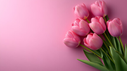 Obraz premium Pink tulips are arranged in a bouquet and placed on a pink background