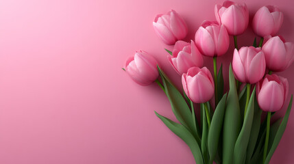 Pink flowers in a vase on a pink background