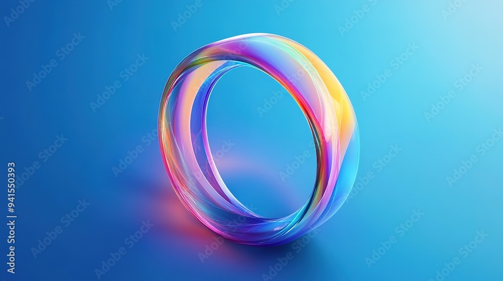 Fototapete Abstract geometric composition with glass morphism effect 3d rendering. Colorful translucent ring with lines, holographic circle shape with gradient texture on blue background. 3D illustration 