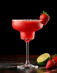 strawberry margarita isolated on a black background served on a bar top