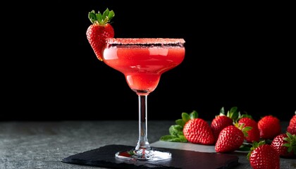 strawberry margarita isolated on a black background served on a bar top