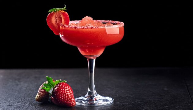 strawberry margarita isolated on a black background served on a bar top