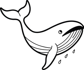 Fun whale line art illustration for kids' coloring book featuring a cute and friendly whale to color in their own style
