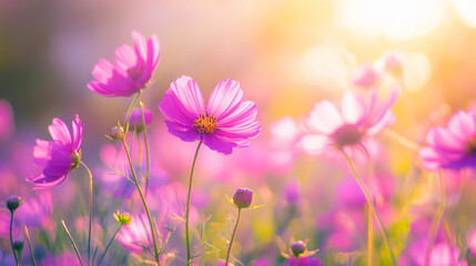 Fototapeta premium A field of pink flowers with the sun shining on them
