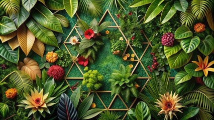 Fototapeta premium Botanical Bliss - Lush greenery, vibrant florals, geometric patterns, earthy tones