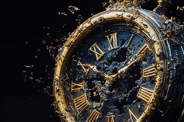 Obraz premium A stunning vintage clock submerged in water, showcasing the beauty of time and elegance with golden details and vibrant splashes.