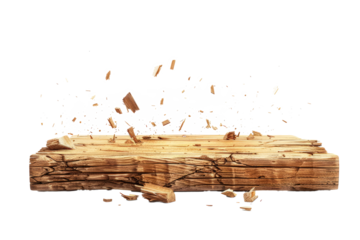 A wooden tablet snapping into splinters, highlighting the texture and grain of the wood against white.