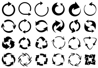 A collection of bold black circular arrow icons in various styles, perfect for representing rotation, recycling, and continuous processes in digital designs. Vector illustration.