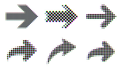 A set of bold dotted arrow icons featuring different directional styles and vibrant glitch effect, ideal for digital navigation. Vector illustration.