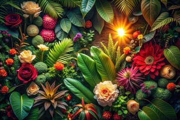 Fototapeta premium Botanical Radiance: Lush greenery, vibrant flowers, intricate leaf patterns, natural textures, warm lighting
