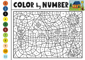 Obraz premium Color by number activity page for kids with a house and a dog. Farm scene puzzle game for school and preschool. Vector illustration
