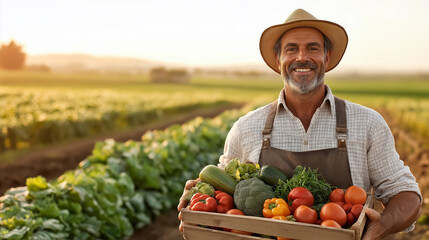 Handsome smiling farmer holding a box of organic vegetables against the backdrop of his farm in the sunlight. Farmer with basket full of fresh harvest in his hands. 